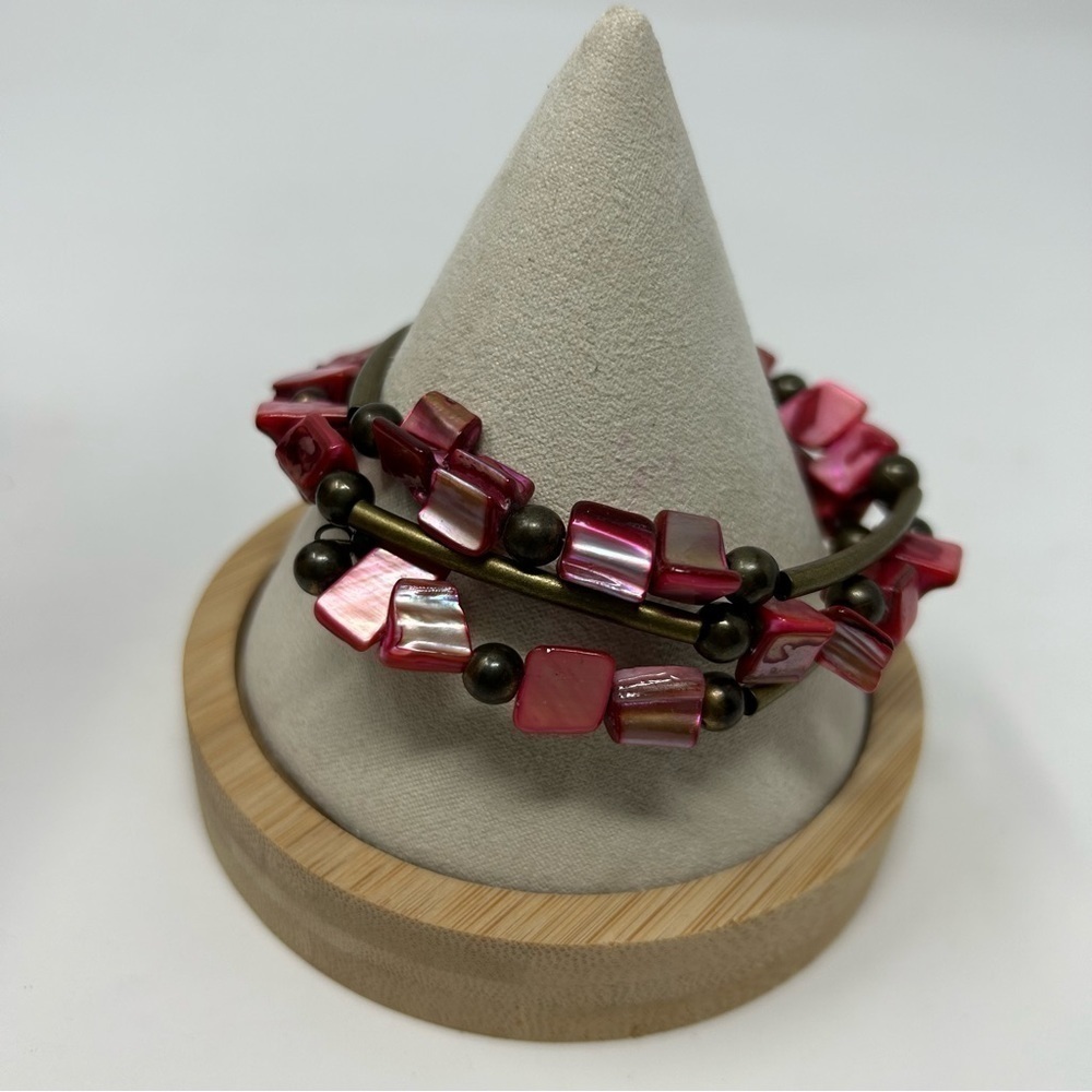 Pink Metallic Shell Beaded Wrap Bracelet with Brown Tone Beads